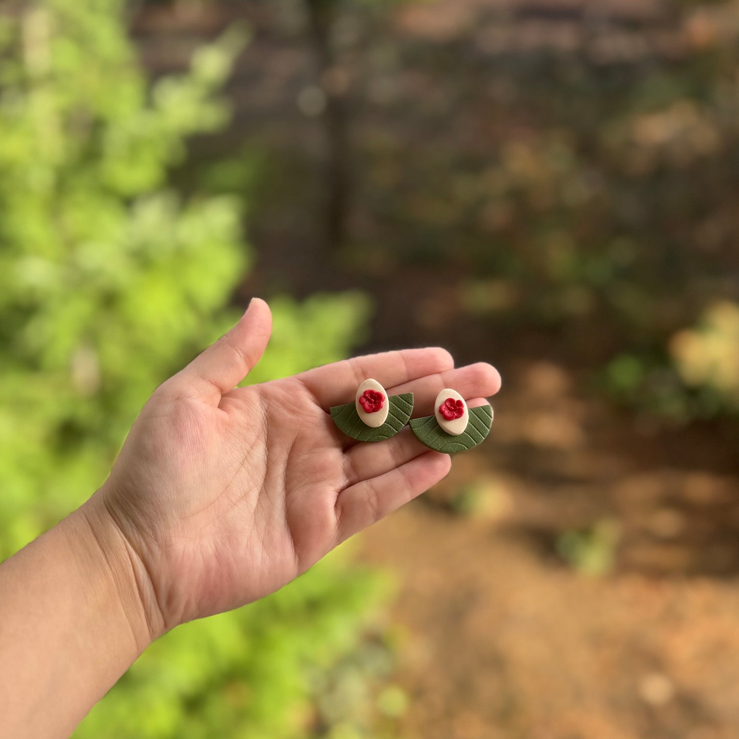Green Half Circle with Red Flower Earrings