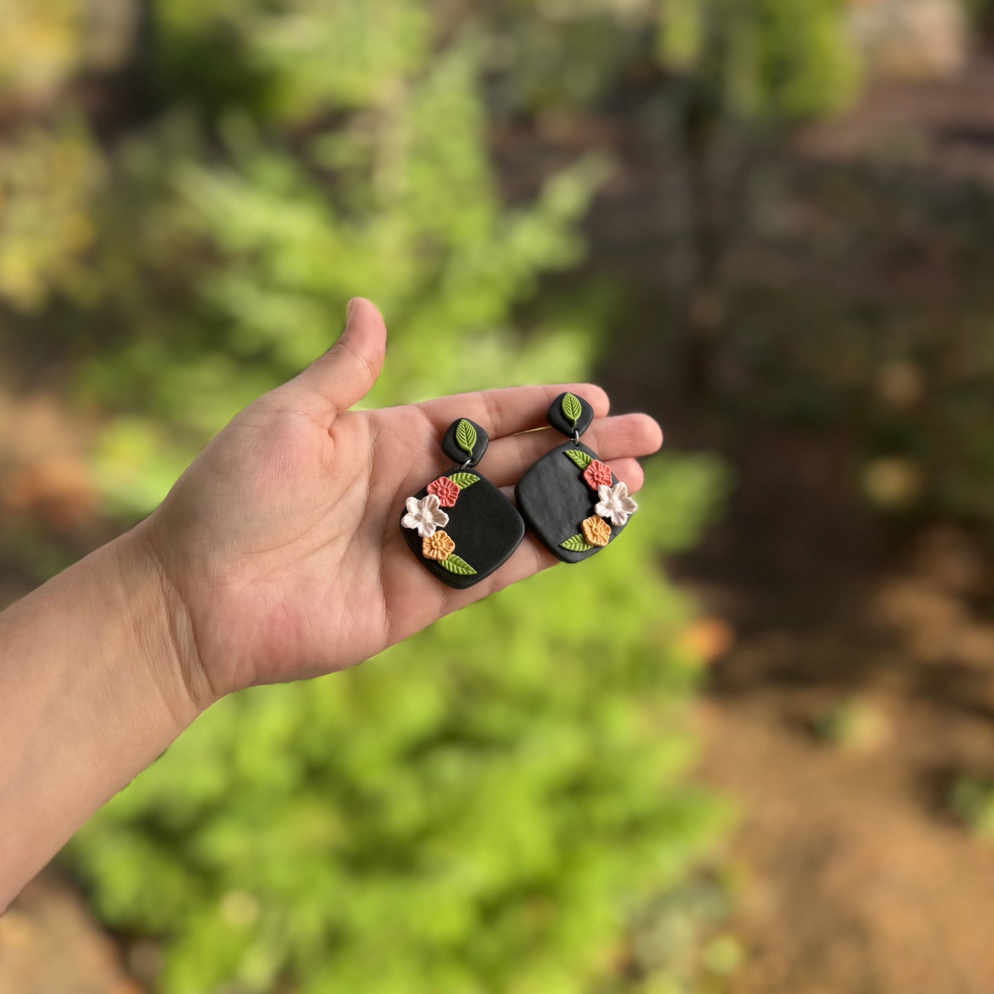 Floral and Black Earrings