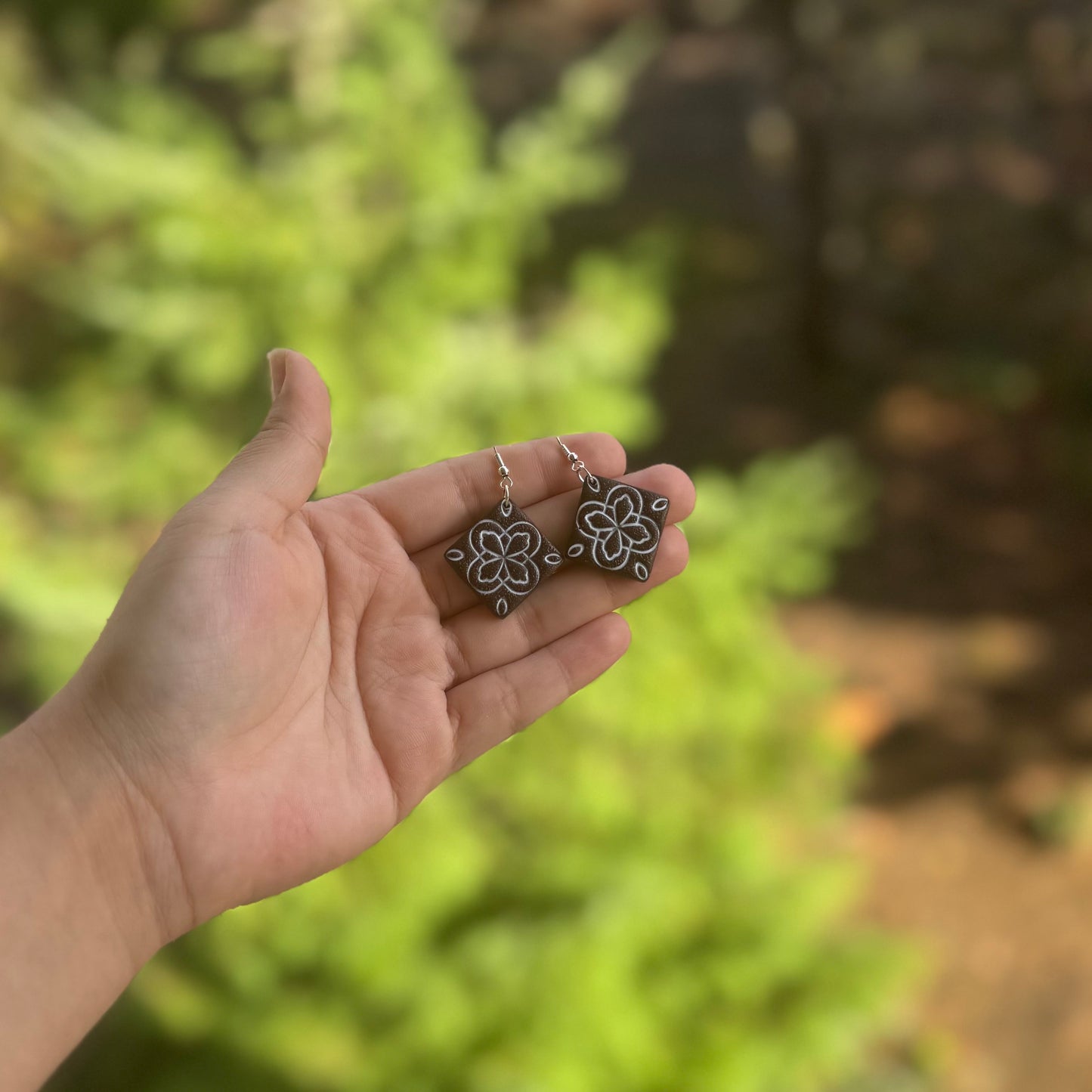 Brown and White Talavera Tile Earrings (Pattern 1)