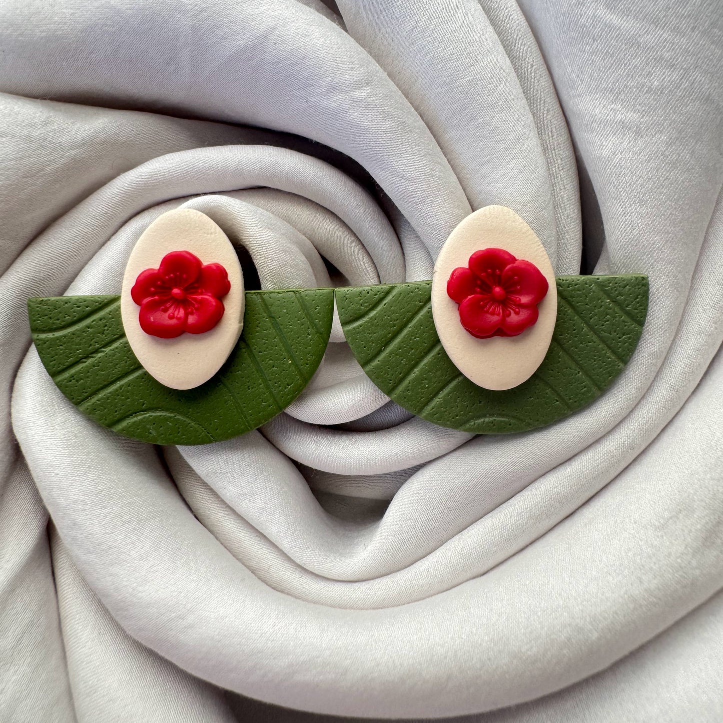 Green Half Circle with Red Flower Earrings