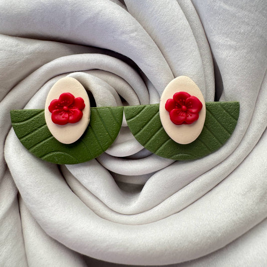 Green Half Circle with Red Flower Earrings