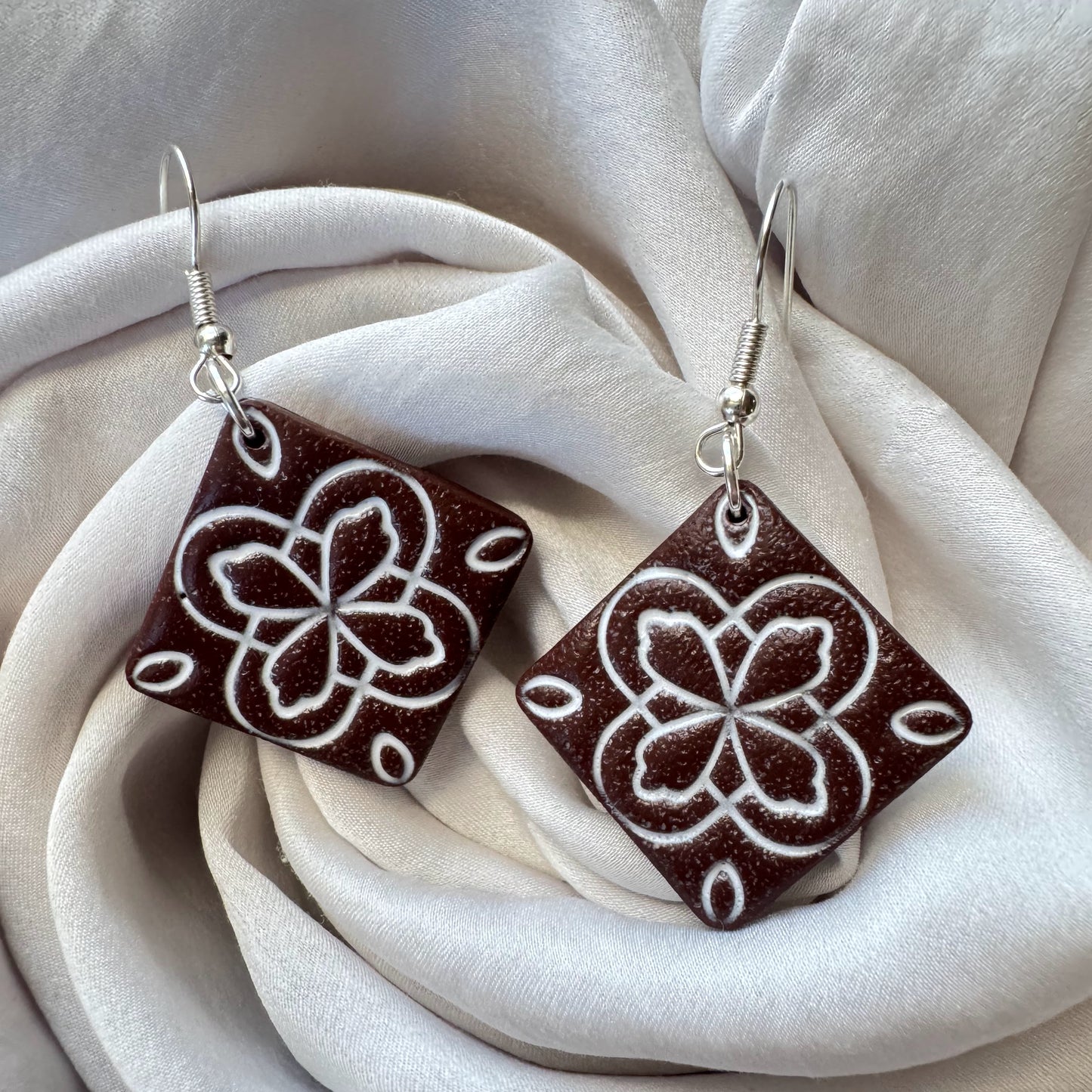 Brown and White Talavera Tile Earrings (Pattern 1)