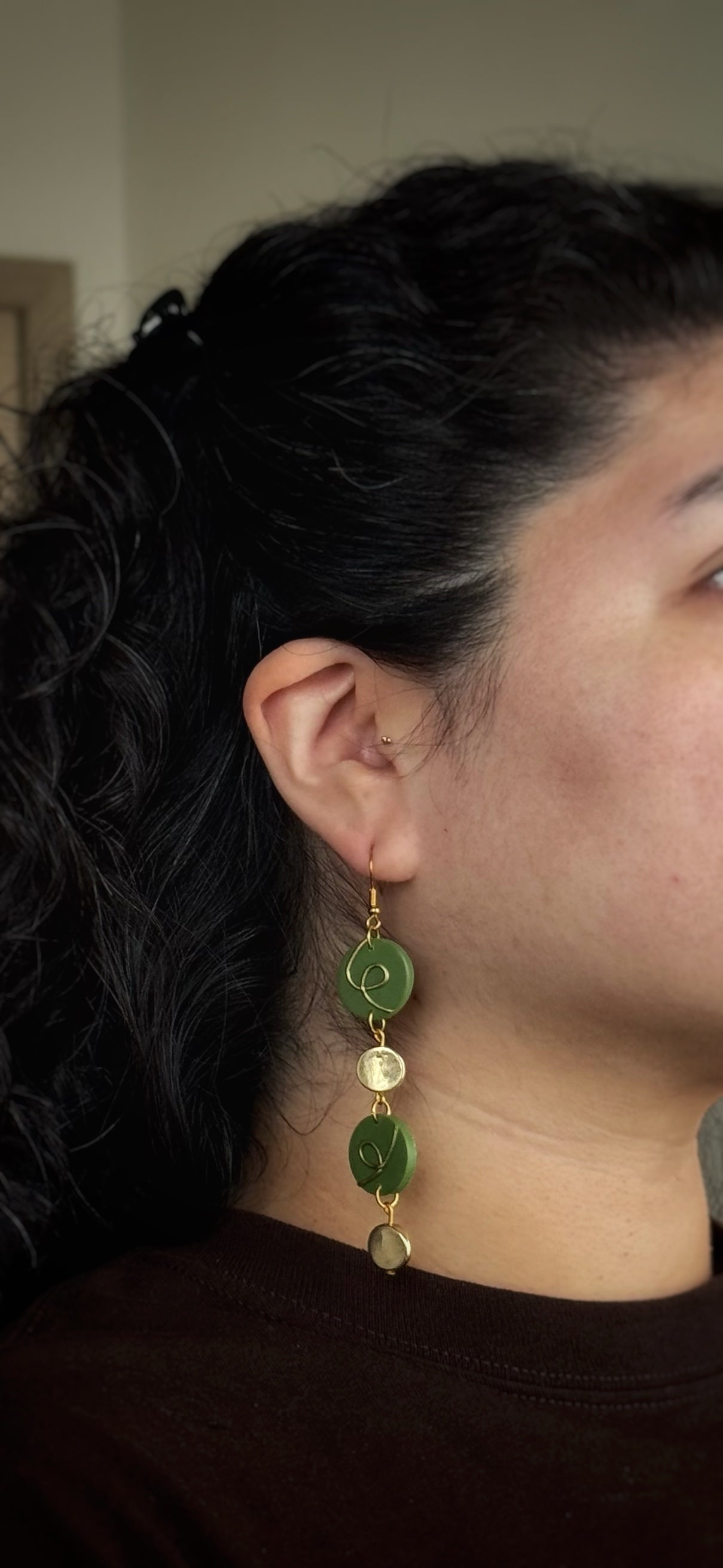 Olive Green Gold Loop Earrings