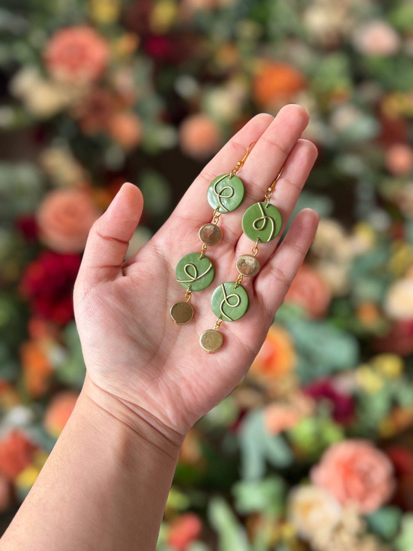 Olive Green Gold Loop Earrings