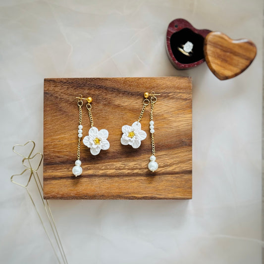 White Flower Pearl Drop Earrings